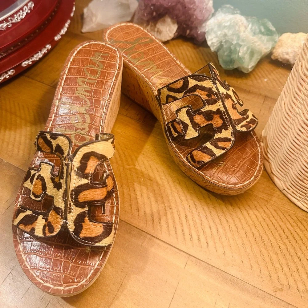 Sam Edelman Regis Leather Leopard Print Calf Hair Wedge Sandal Size 7.5